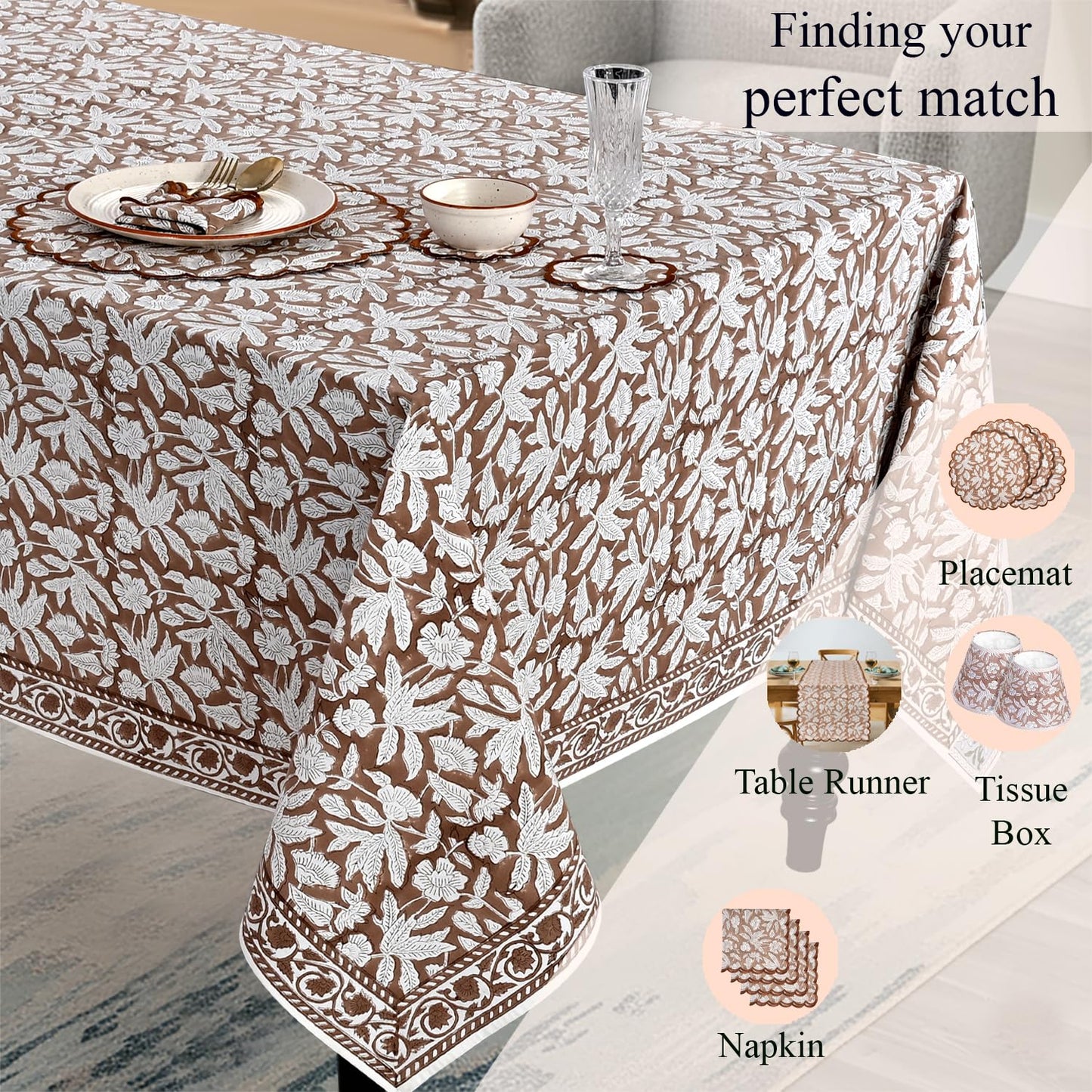 Ridhi Oak Brown Hand Block Print Cotton Rectangle Tablecloth 102" x 48" inches Reusable Table Cover Decorative Everyday Use for Dining Room, Farmhouse, Home Gift for Spring, Mother's Day