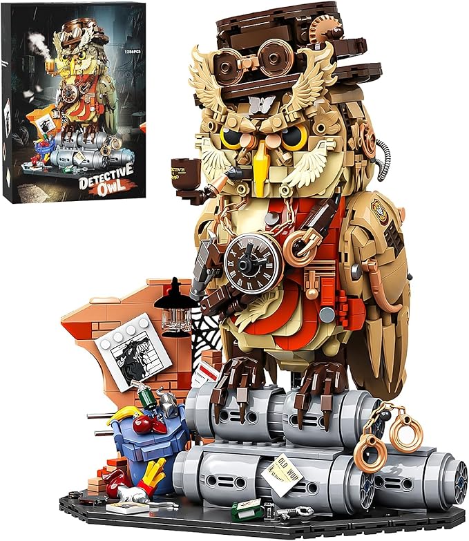 Private Detective Owl Building Blocks Set Steampunk Detective Owl Building Set Retro Mechanical Animal Construction Kit Creative Gift for Adults Teens 1286 PCS
