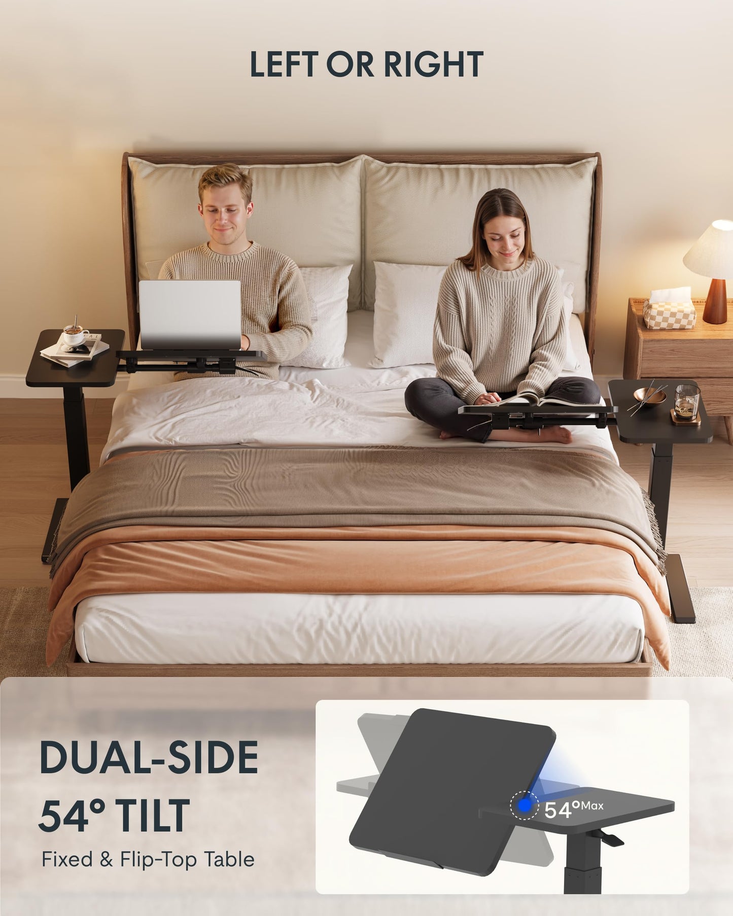 FLEXISPOT Adjustable Height C-Shaped End Table with Split Tilting Top – Mobile Side Table for Sofa & Bedside, Slides Under Furniture, Hidden Wheels for Small Spaces(31.6" W x 15.7" D,Black)