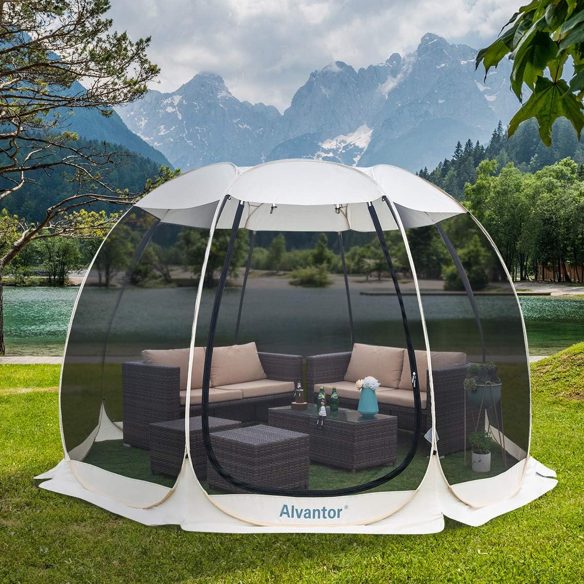 Alvantor® Screen House Room Camping Tent Outdoor Canopy Pop Up Sun Shade Shelter 8 Mesh Walls Not Waterproof Beige 12'x12' Patent Pending