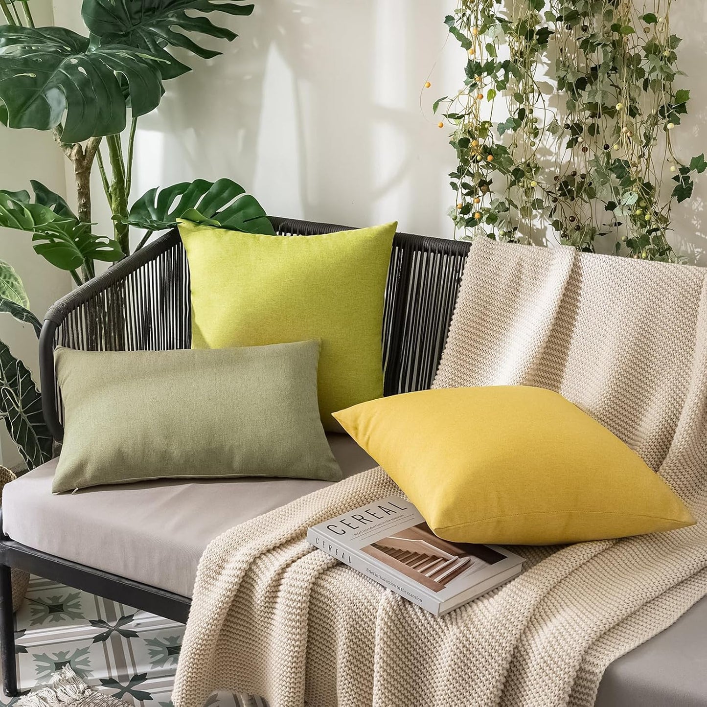 MIULEE Decorative Outdoor Throw Pillow Covers - Waterproof Faux Linen Cushion Cases | 18x18 Inch Light Olive Green (Pack of 2)