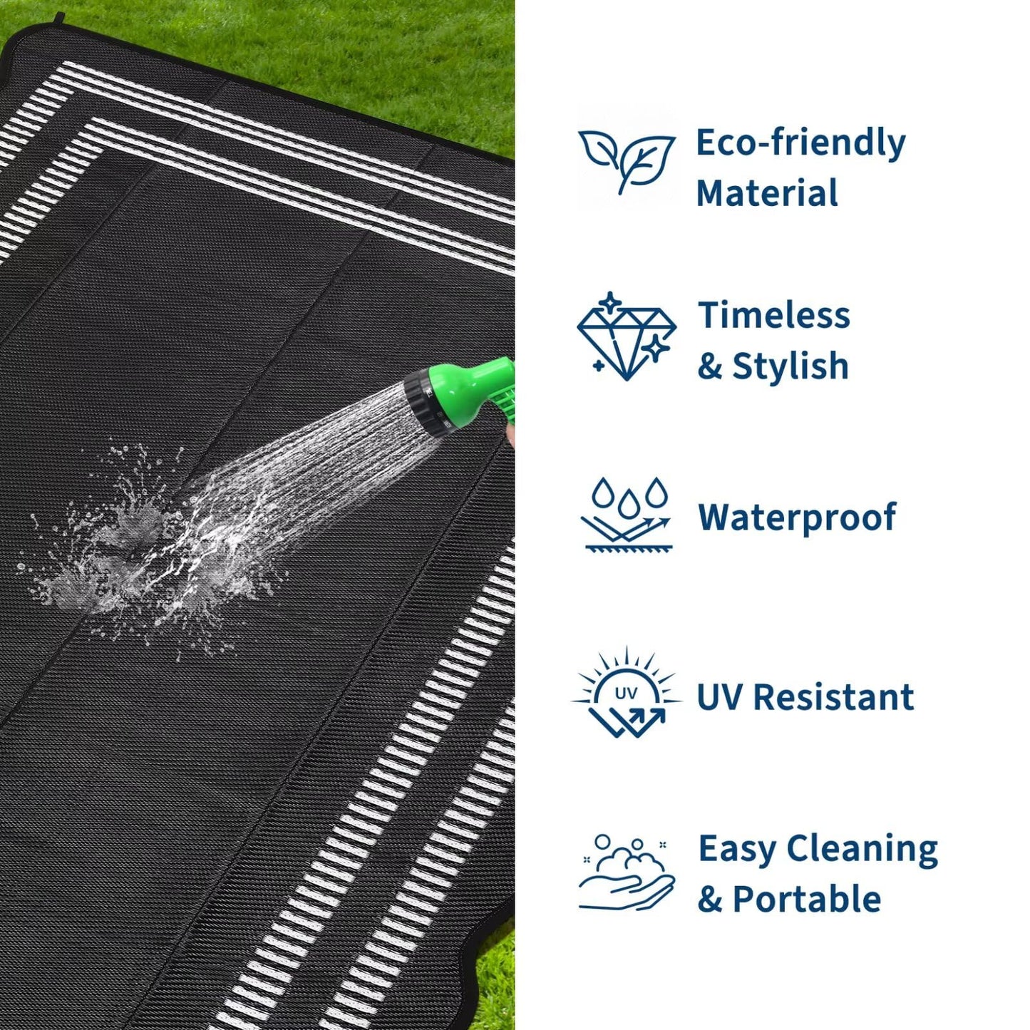 Garvee Waterproof Outdoor Rug 9x18, Scalloped Geometric Foldable Plastic Straw Patio Camping Rug, Outdoor RV Carpet for Deck Camper Porch Balcony Backyard Picnic Beach Black and White