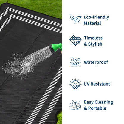 Garvee Waterproof Outdoor Rug 9x18, Scalloped Geometric Foldable Plastic Straw Patio Camping Rug, Outdoor RV Carpet for Deck Camper Porch Balcony Backyard Picnic Beach Black and White