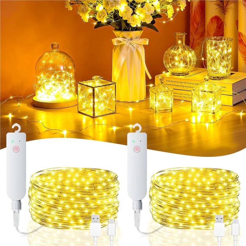 32FT(16 * 2) Fairy Lights Battery Operated, Rechargeable String Lights with Timer, Mini Waterproof LED Twinkle Lights for Bedroom, Christmas Decorations, Wedding Party Decor, Warm White