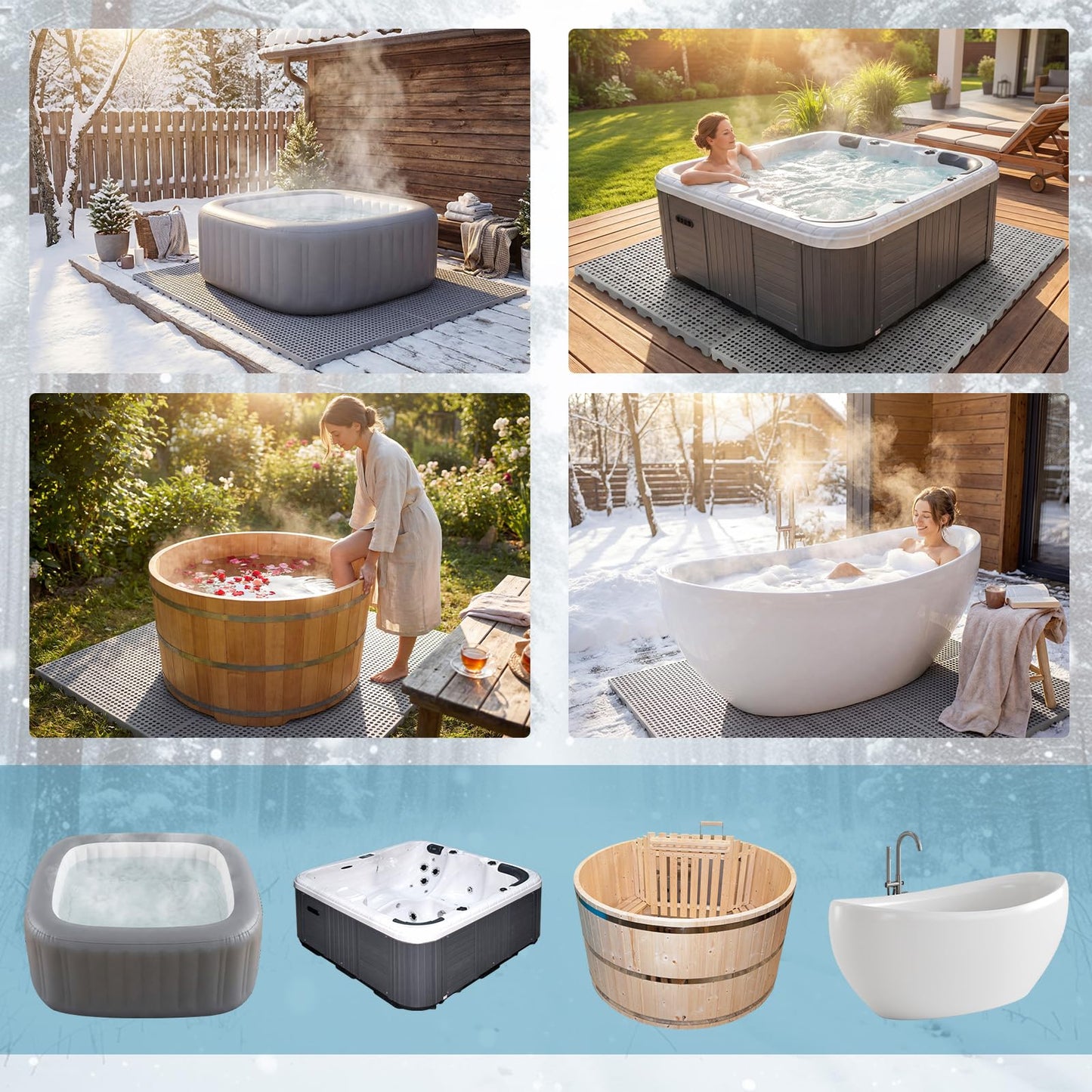 BreezeHug 4 Pack Outdoor Spa Foundation Base Pad (80" x 80"), Heavy Duty Interlocking Ground Platform for Inflatable Spas, Resin Tubs, Pools, Outdoor Equipment