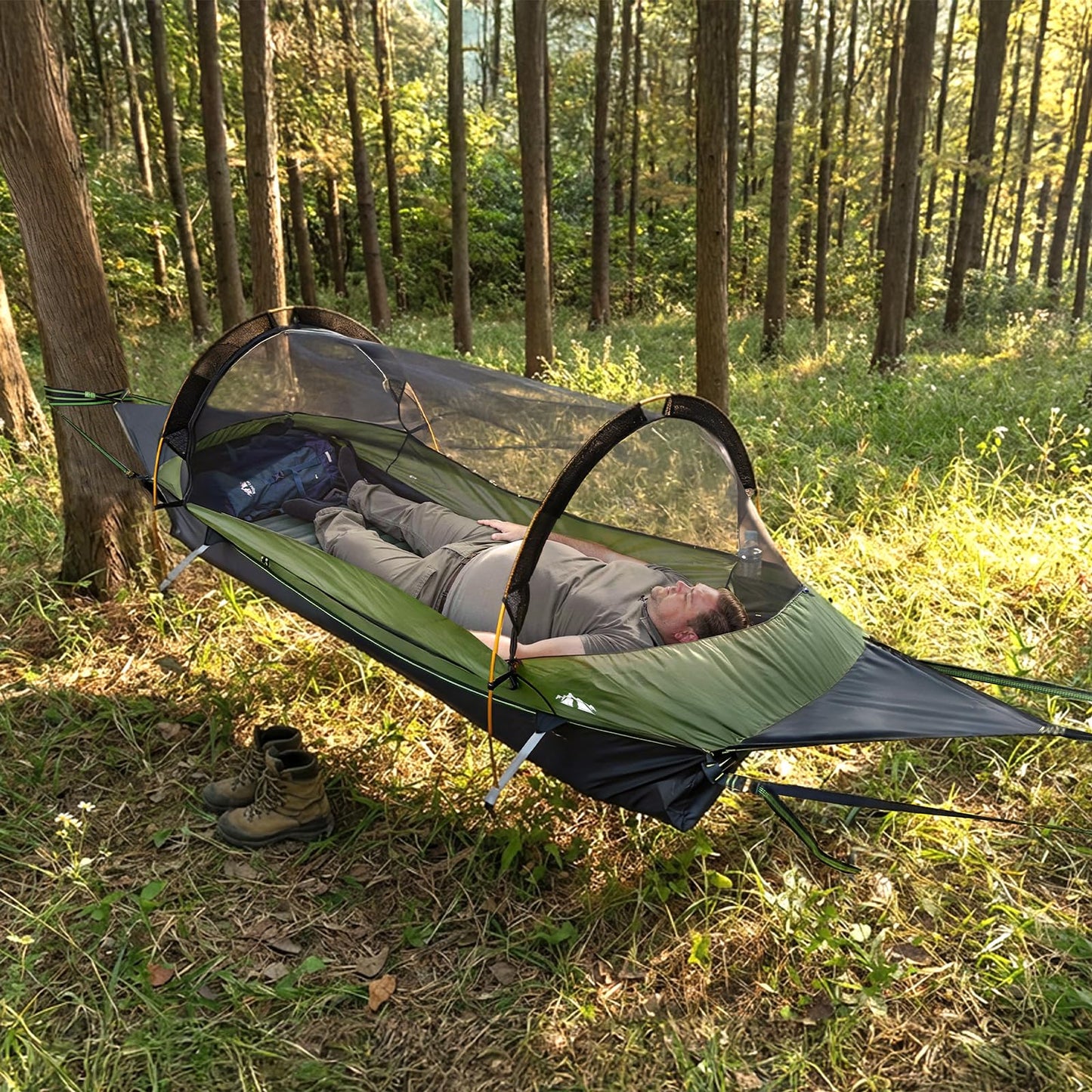 Night Cat Upgraded Flat Lay Hammock Tent Combo with Sleeping Pad Non Rolling for 1 Person Adults 330LBS 87x28x19in