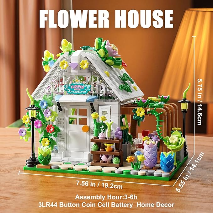 Flower House Building Set with Lights Garden House Building Toy Kits Compatible with Trend Creative Greenhouse Playset Christmas Birthday Gift for Adults or Girls 8-12 Years (719PCS)