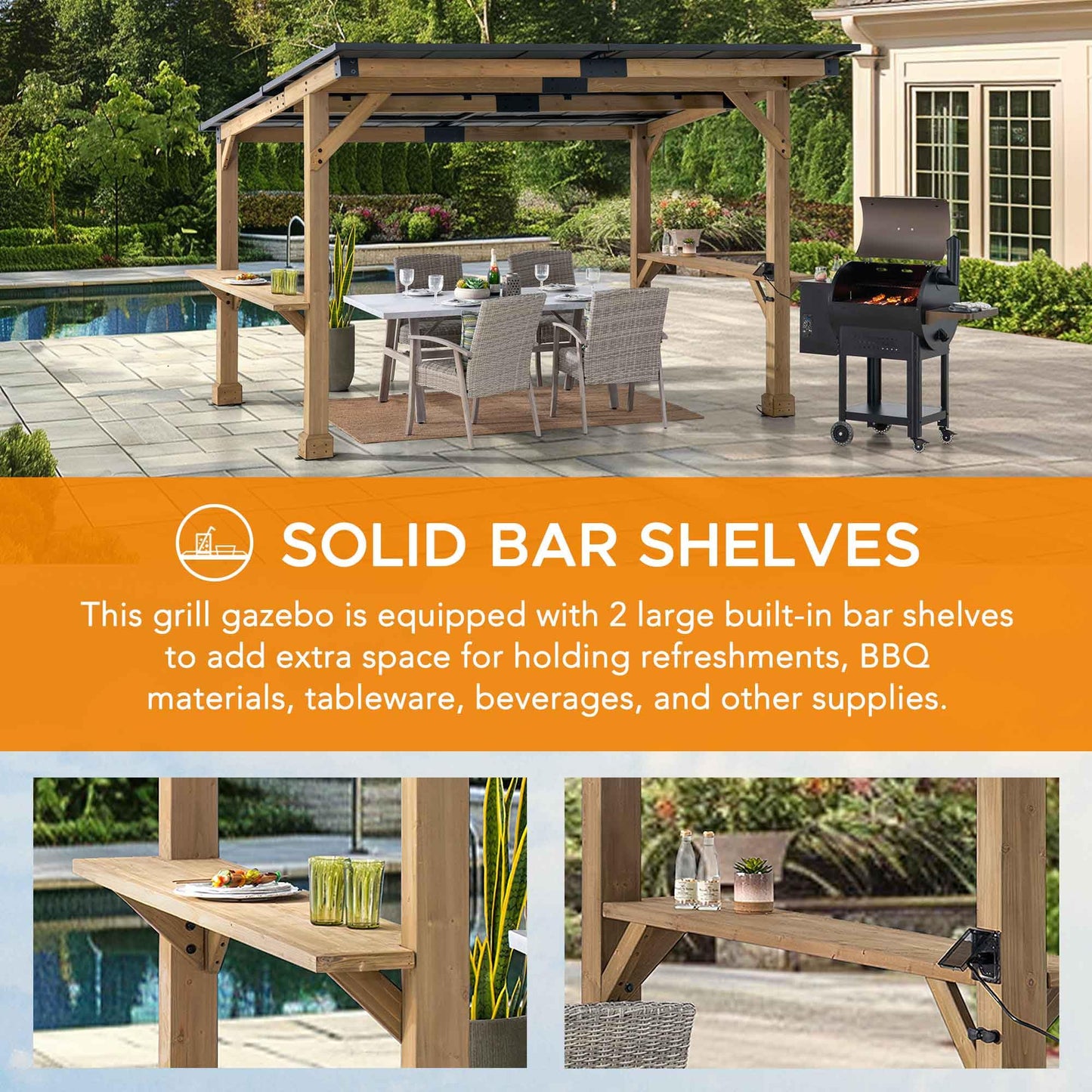 SUNJOY 12' x 10' Grill Gazebo, Outdoor Cedar Wood BBQ Pavilion Backyard Hot Tub Gazebo with Hardtop Metal Roof, Exclusive PowerPort and Bar Shelves, Permanent Cook Station for Patio, Deck, Garden