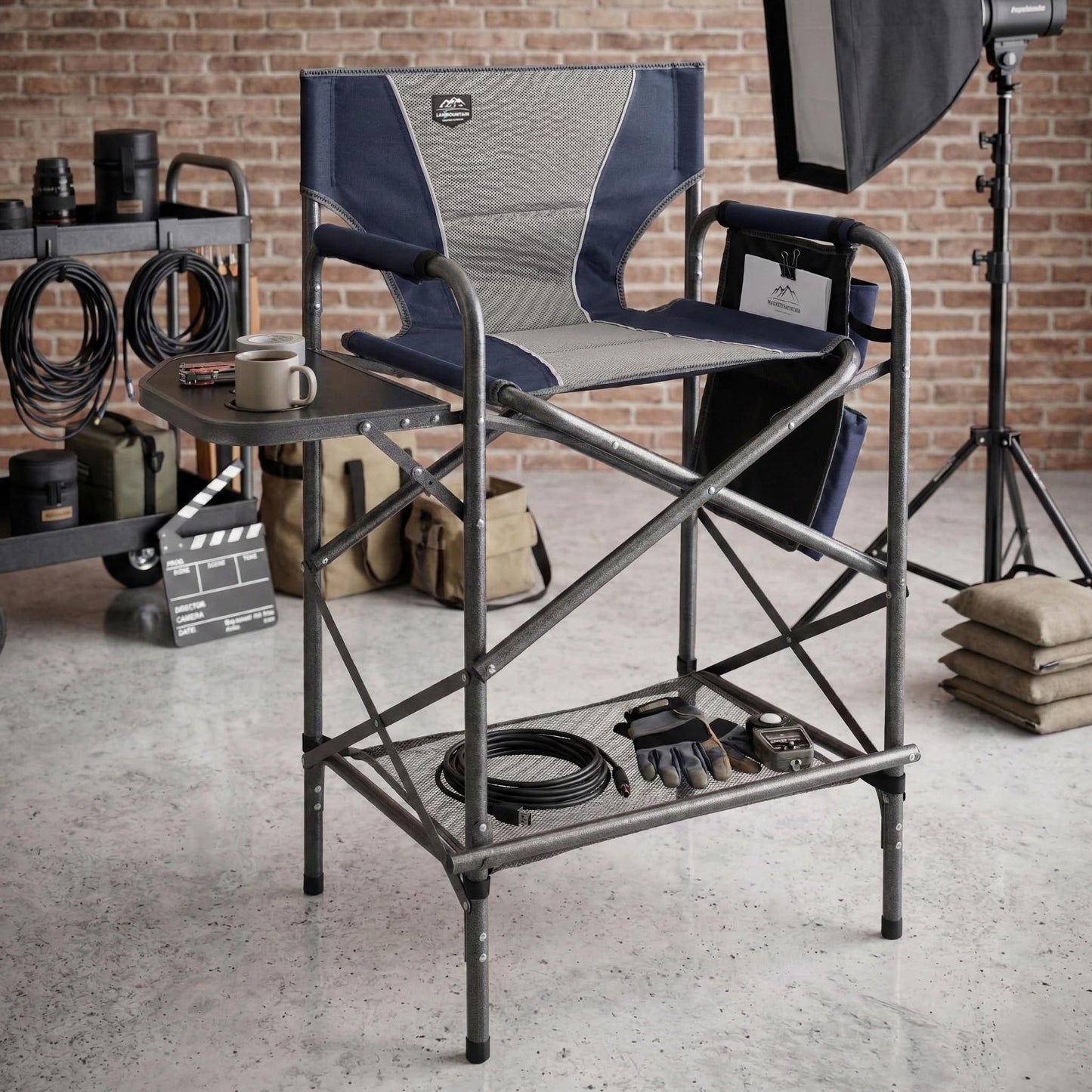 LANMONTAIN Folding Tall Director Chairs,30.7'' Seat High Makeup Solan Chairs,Portable Camping Chair w/Side Table Functional Pocket and Footrest,Comfy Bar Stool Heavy Duty Supports 350 Lbs,Blue