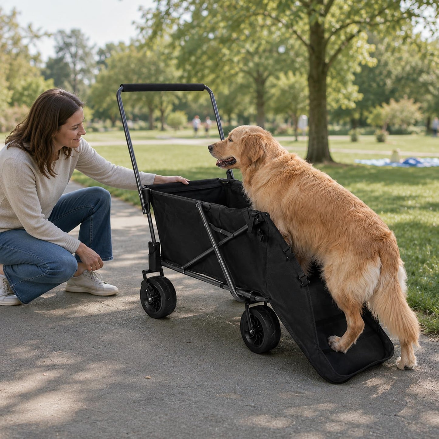 REDCAMP Folding Dog Wagon Cart with Extendable Rear End Heavy Duty, 220L Large Collapsible Utility Cart Dog Stroller with Tailgate for Sports Shopping Pet, Black