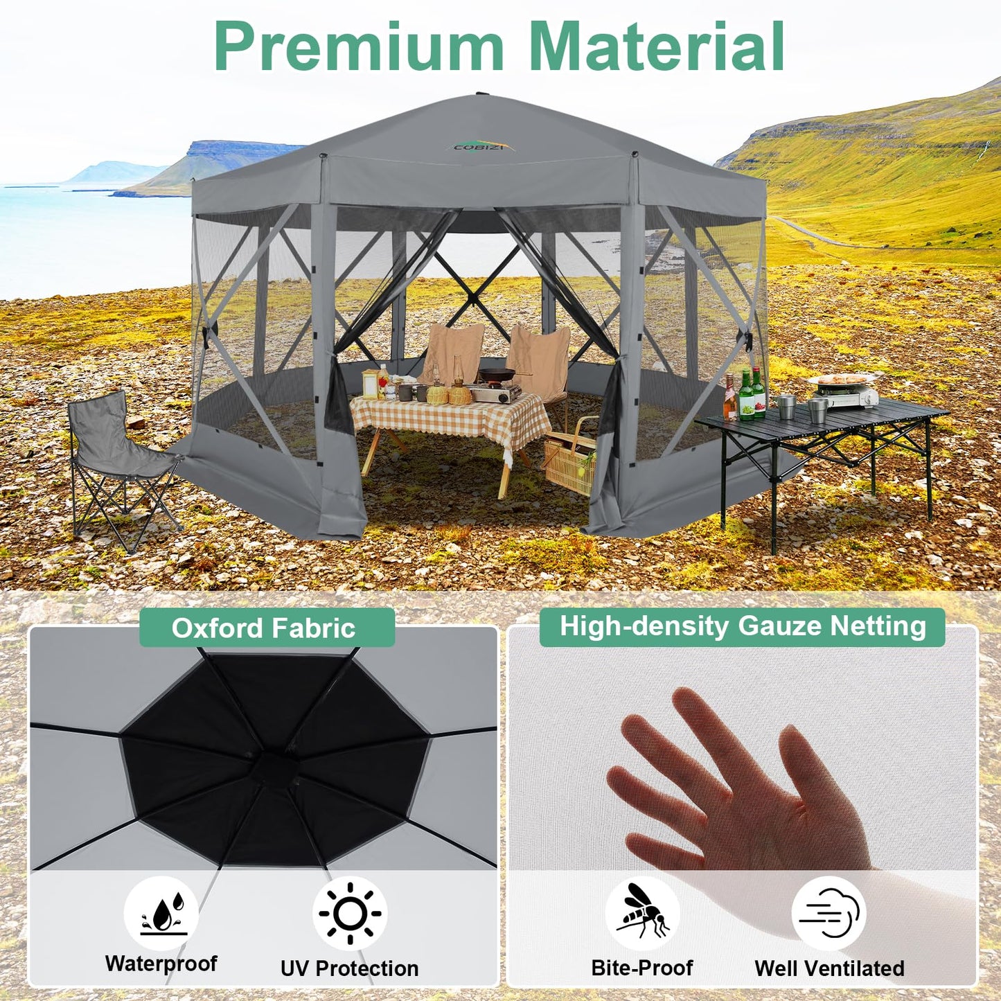 COBIZI 15x15 FT Pop Up Gazebo - Canopy Tent, Large Gazebos On Clearance with Sidewalls, Screened in Gazebo,carpas para Patio,Portable Screen Tents for 12-15 Persons Outdoor Camping, Backyard,Gray