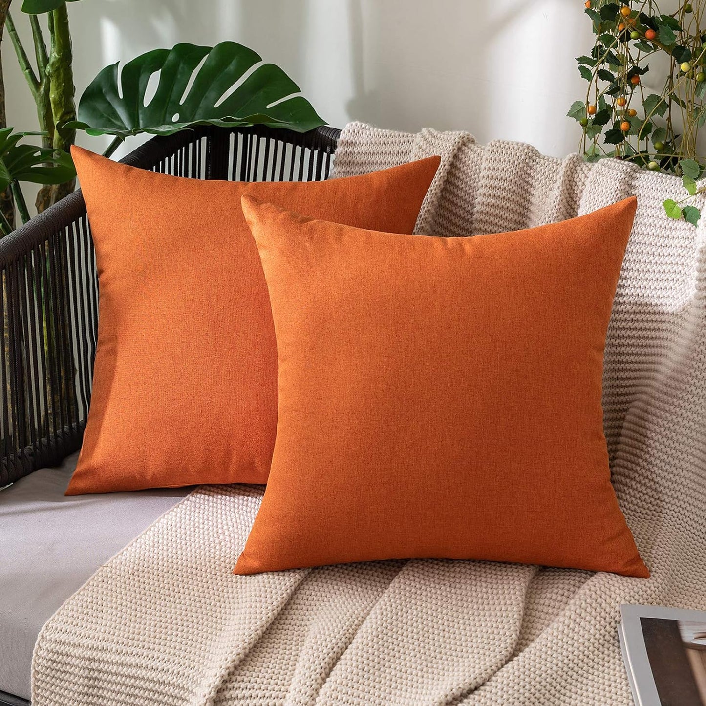 MIULEE Decorative Outdoor Throw Pillow Covers - Waterproof Faux Linen Cushion Cases | 26x26 Inch Orange, Set of 2
