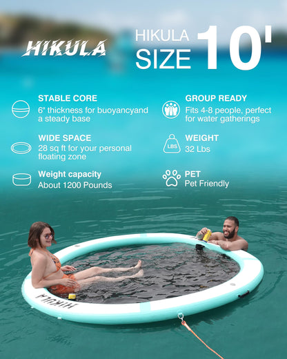 Inflatable Round Floating Ring - Water Hammock Dock, Sunmmer Mat Raft Platform, Heavy Duty Floats for Lake and Beach with Water Ladder and Cup Holder,Green-White/10FT
