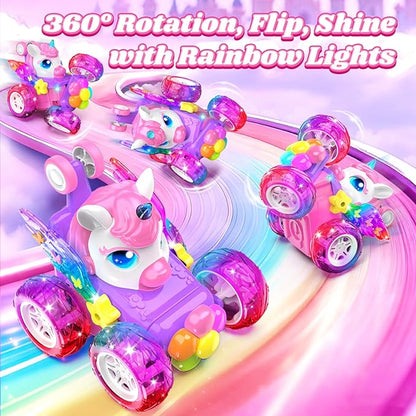 Unicorn RC Cars for Girl Toys with Glowling Crystal Wings &ampEyes Lights360°Rotation Remote Control Car Unicorn Stunt Car Birthday Gifts Easter Basket Stuffers for 3 4 5 6 7 8 9 10 Year Old Girls
