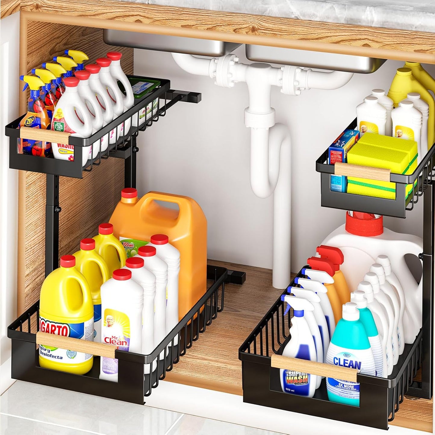 Under Sink Organizer - L-Shape 2-Tier Pull-Out Cabinet Storage Rack | Adjustable Height, Black, 2 Pack