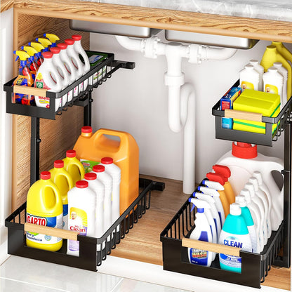 Under Sink Organizer - L-Shape 2-Tier Pull-Out Cabinet Storage Rack | Adjustable Height, Black, 2 Pack
