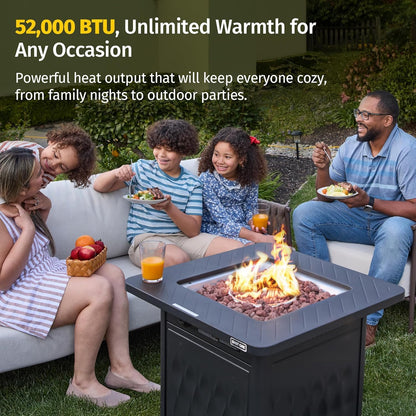 East Oak 28” Outdoor Propane Fire Pit Table | 52,000 BTU Gas Fire Pit for 2-4 People with Space-Saving Hock Lid, Mesh Pocket & Lava Rocks | CSA Certified Safe for Patio, Deck, Backyard, Black