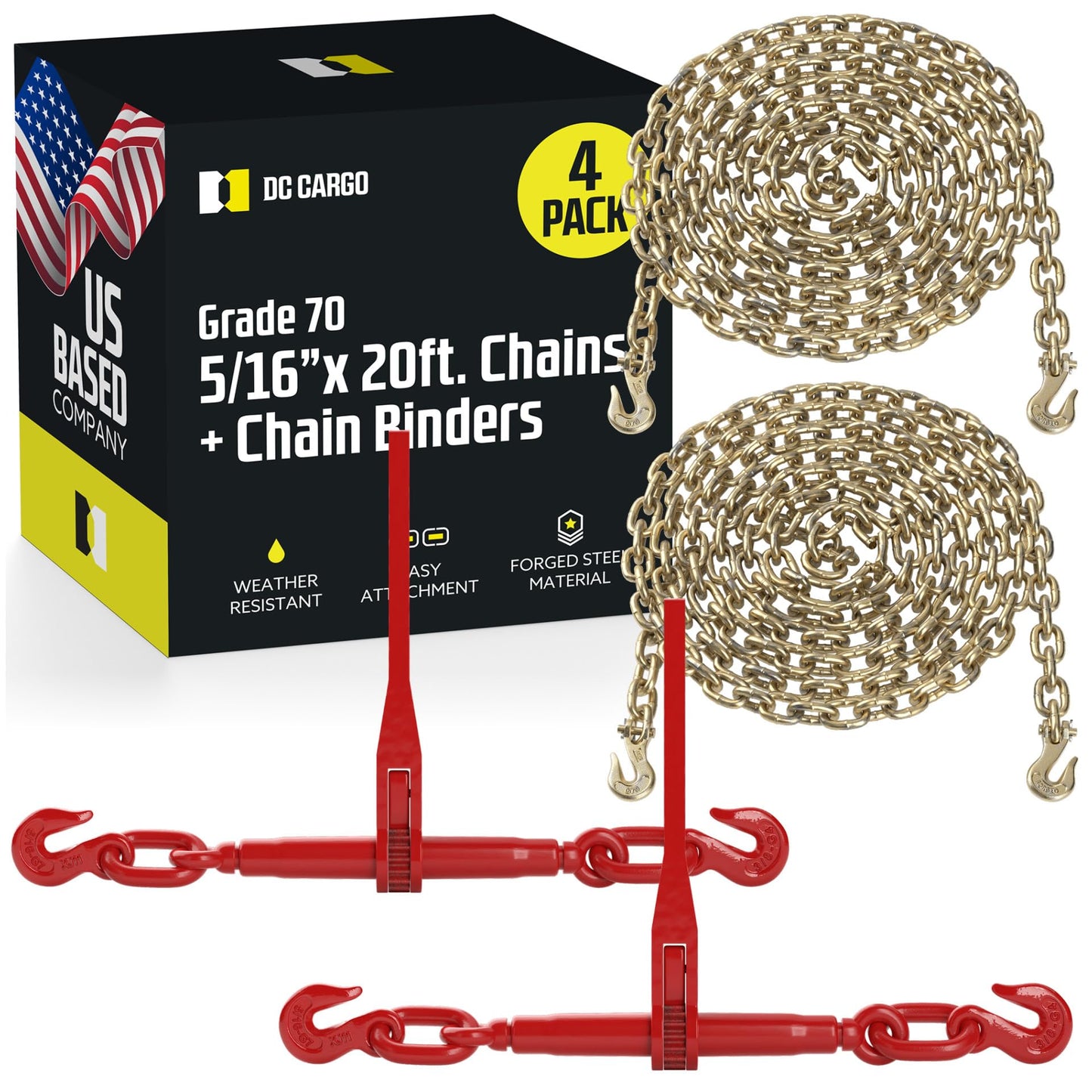 DC Cargo Chain Binder Kit (2 Sets) | 5/16" Grade 70 Extra Long 20 Foot Chain - and Load Binder Set | Heavy Duty Ratcheting Chain and Binder | Load Chain and Binders – 4,700lb Working Load Limit As Set