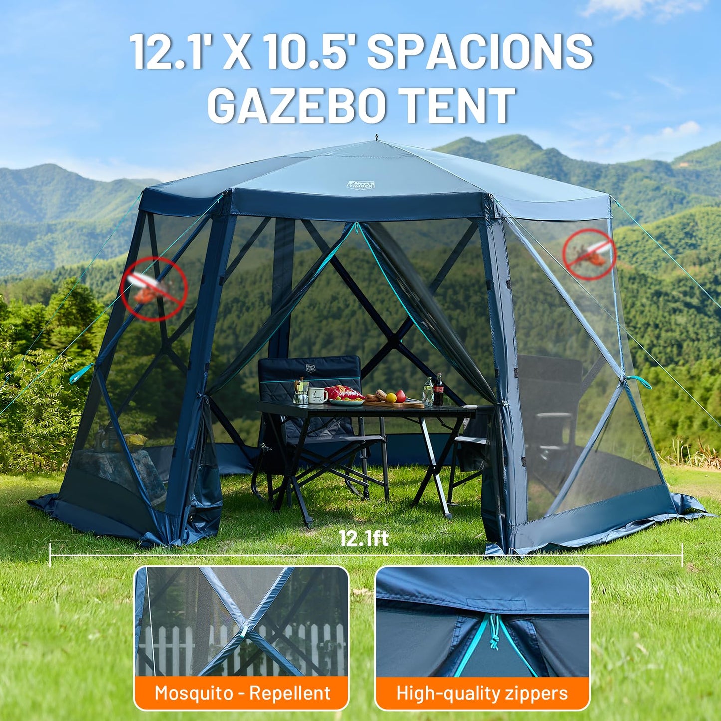 Timber Ridge Pop Up Gazebo Tent, 12.1 x 10.5 ft, Waterproof Screen House with Wind Panels, UV Protection, Navy Blue