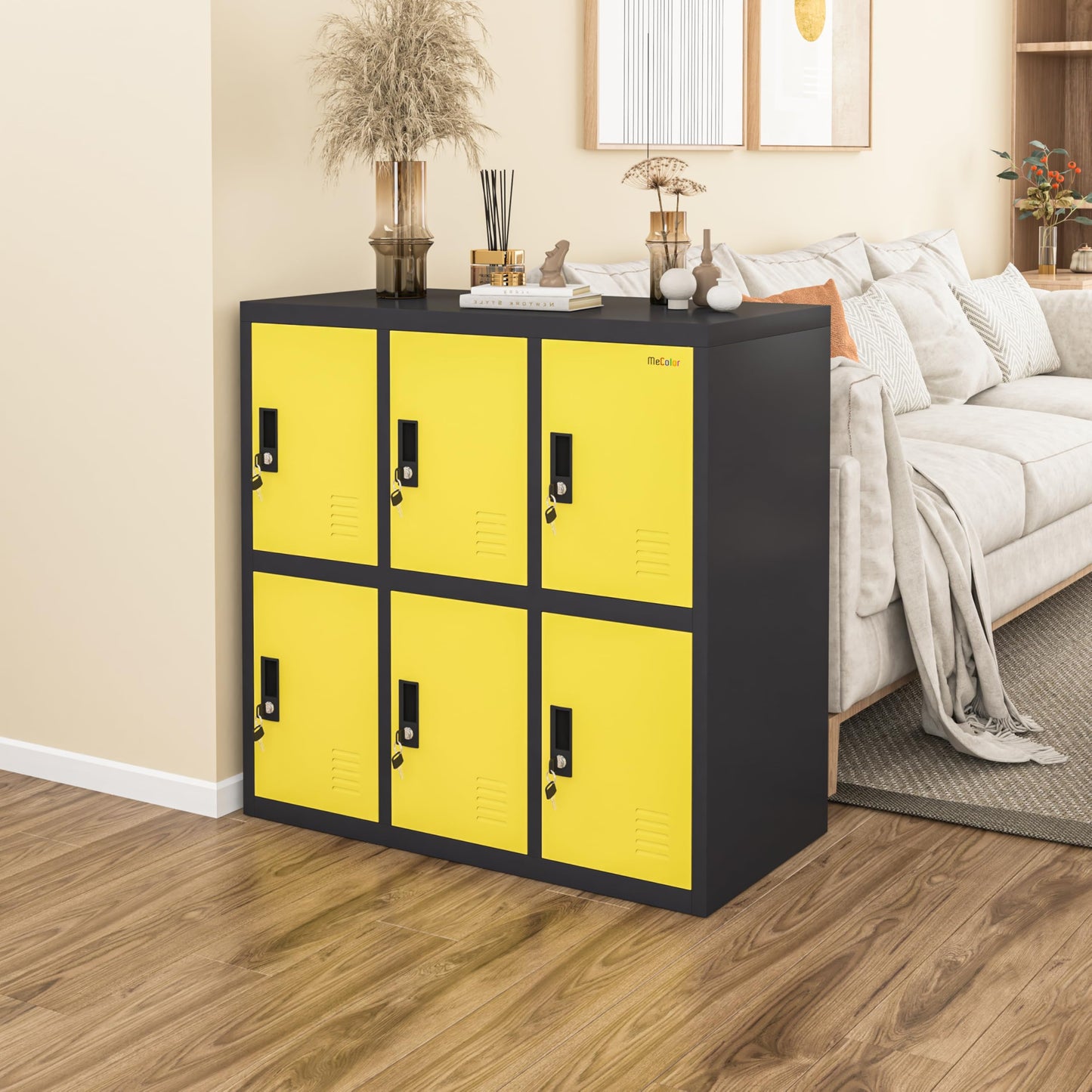 MECOLOR Metal Cabinet with Lock, Lockable Steel Office Cabinets Storage Employee Locker Home Gym (W6D, Yellow)