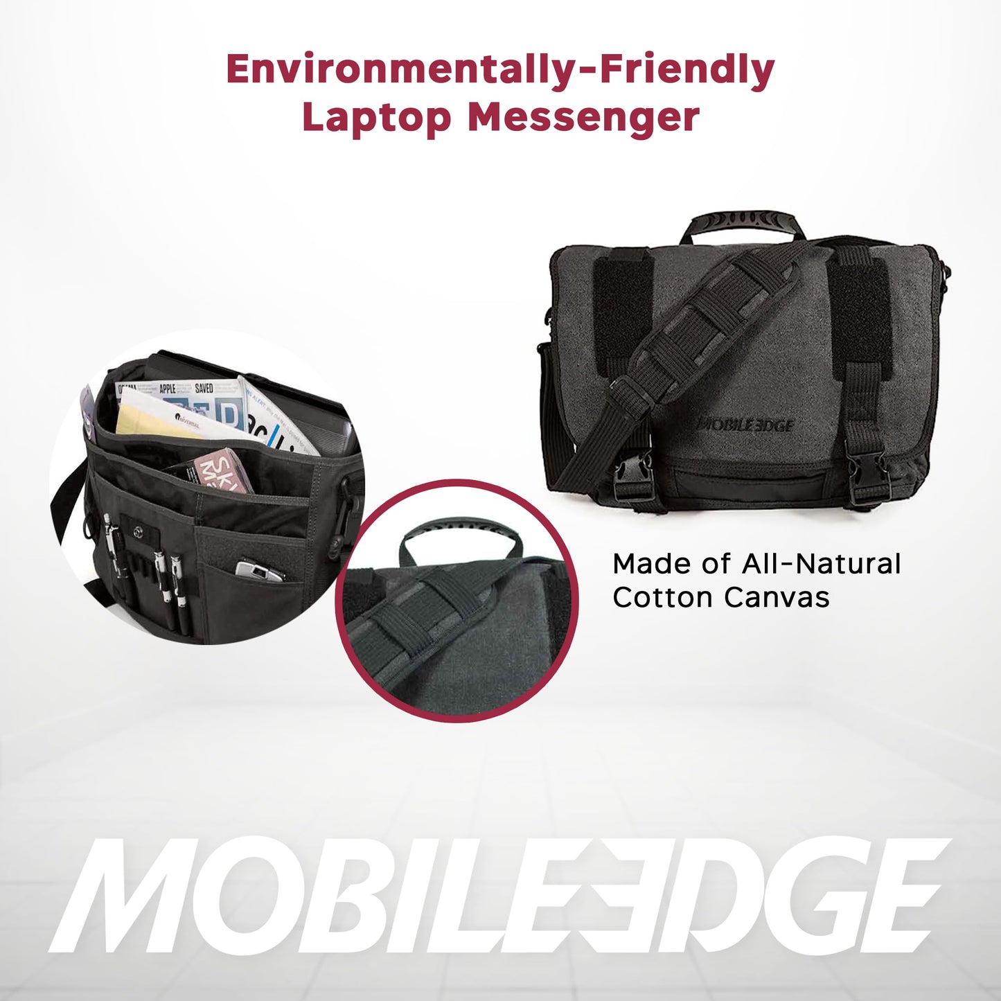 Mobile Edge ECO Laptop Messenger Bag for Men and Women, Fits Up To 17.3 Inch Laptops, Travel Work Computer Bag, Cotton Canvas, Padded Pockets, Black