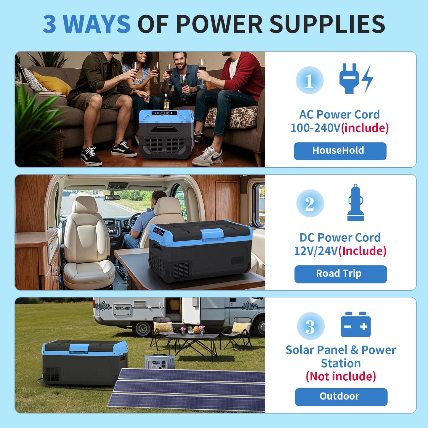 Tecnolove 30L Car Refrigerator Freezer, 32QT Single Zone Portable Fridge with Blow Expansion Evaporator, Reversible Door, LED Control, Fast Cooling, 100–240V AC / 12V / 24V DC, -4℉~68℉, Ice Blue