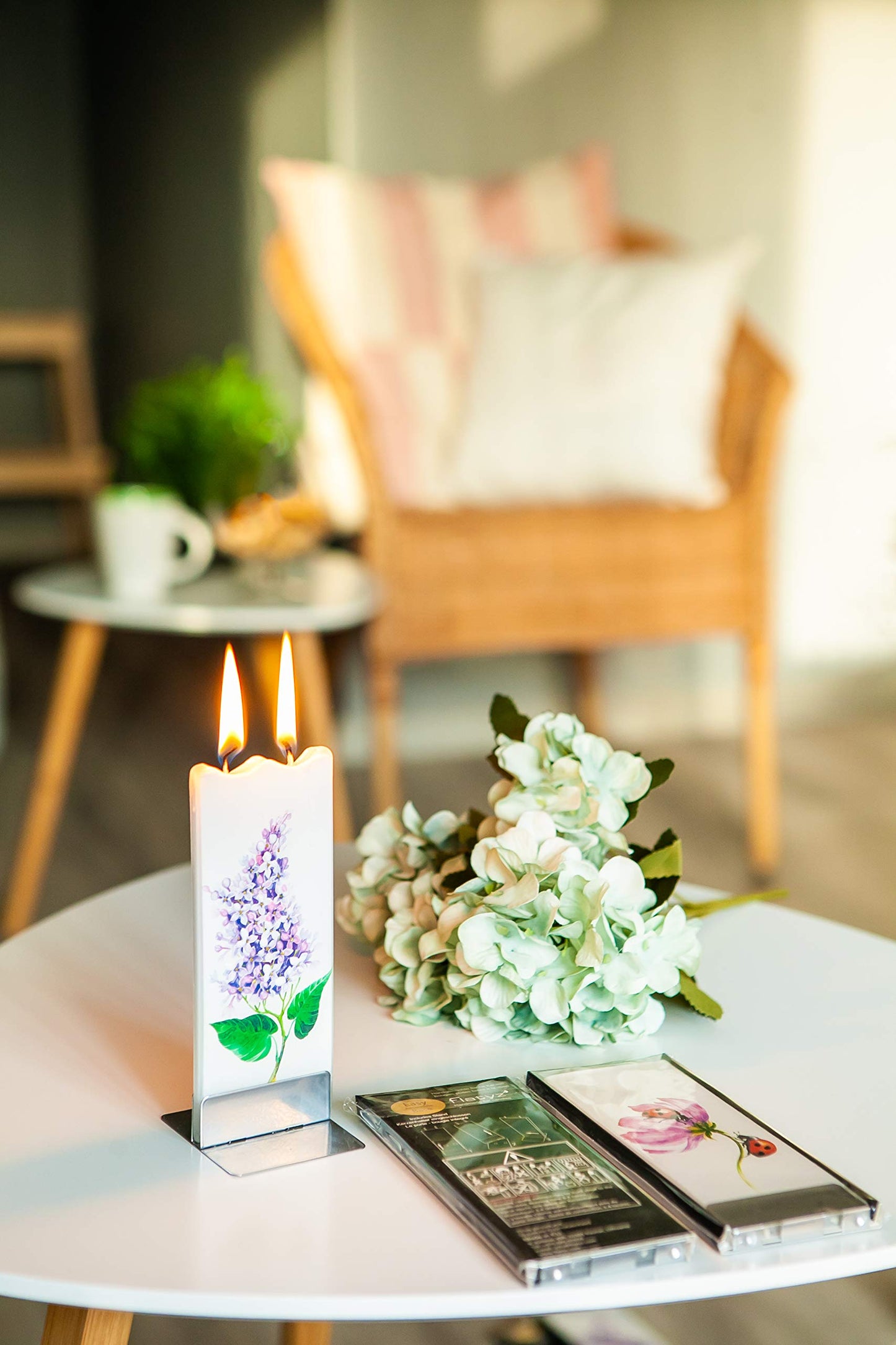 Flatyz Hand Painted Flat Candle| Unscented, Dripless, Smokeless, Decorative | Peacock | Double Wick with Metal Base | Unique Gift Idea and Home Décor Accent