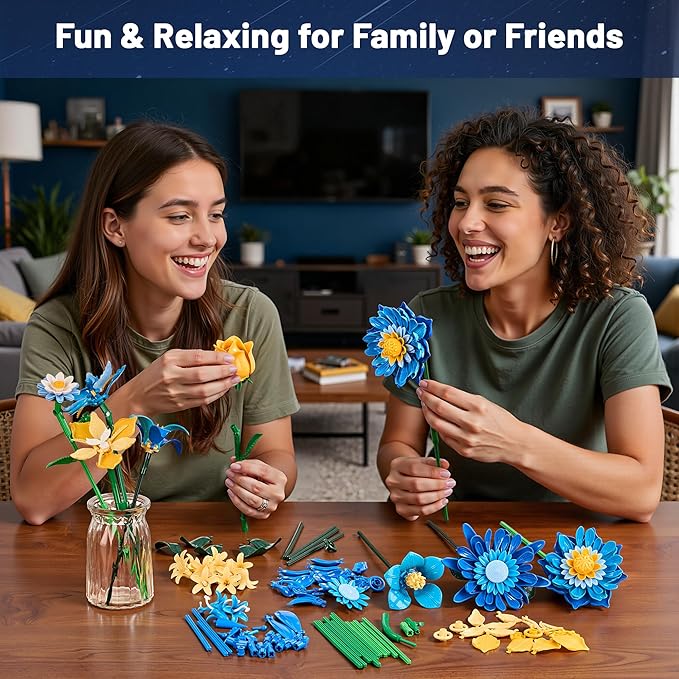 Starry Blooms Flowers Bouquet Building Set for Adults Artificial Flower Compatible with Lego Botanical Collection Valentine's Mother's Day for Women Girl Girlfriend Home Decor