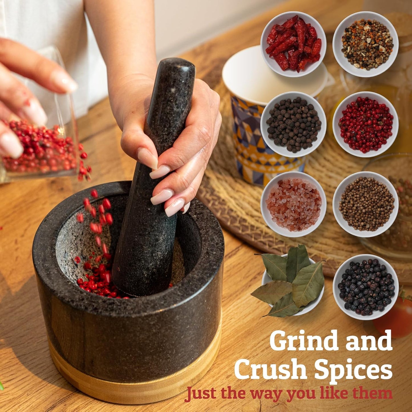 PriorityChef Heavy Duty Mortar and Pestle Set - 100% Natural Granite Stone Grinder, 2 Cups, Black