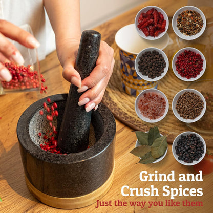 PriorityChef Heavy Duty Mortar and Pestle Set - 100% Natural Granite Stone Grinder, 2 Cups, Black