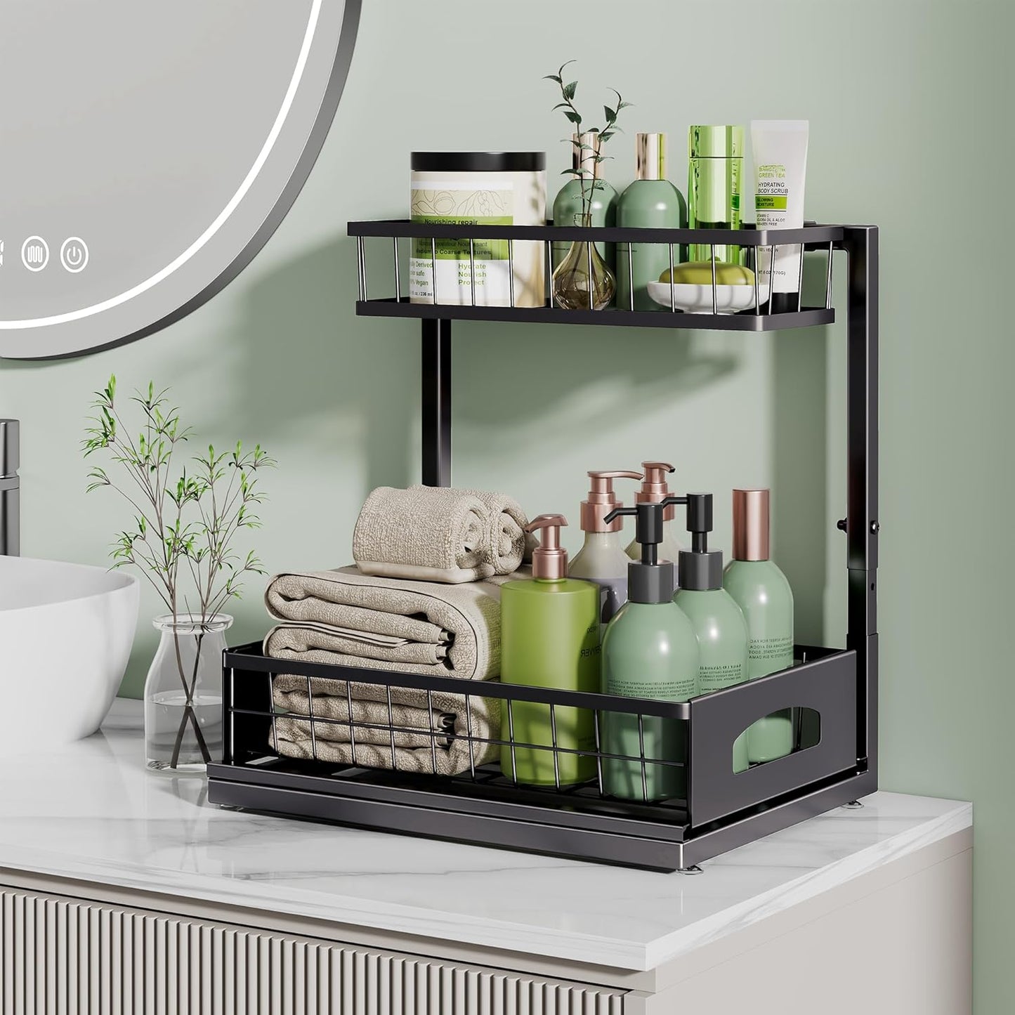 Under Sink Organizer by [Brand Name] - Adjustable 2-Tier Metal Storage Solution for Kitchen & Bathroom (Black, 2 Pack)