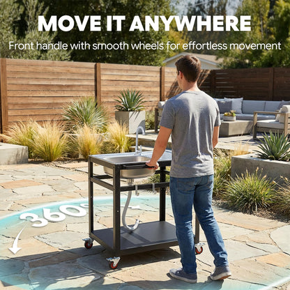 FEASTO 35-Inch Outdoor Grill Cart with Stainless Steel Sink, Rolling BBQ Prep Table with Faucet, Storage Shelves and Lockable Wheels for Patio, Backyard and Outdoor Cooking, Silver & Black