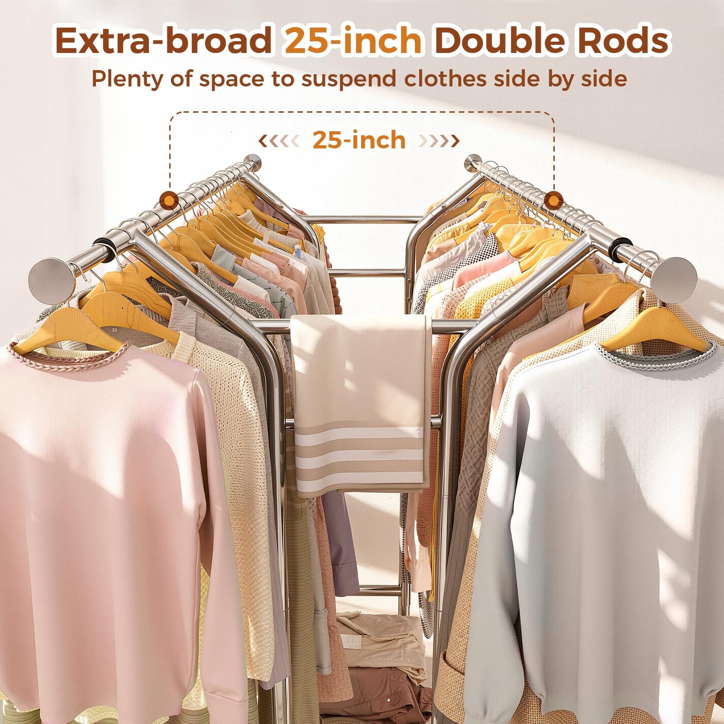 Luxspire Heavy Duty Clothes Rack Load 650 LBS, Double Rod Clothing Racks for Hanging Clothes, Rolling Garment Racks with Lockable Wheels, Shelves, Adjustable Laundry Hanging Rack, Silver