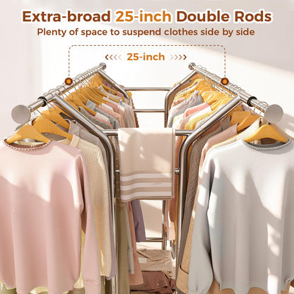Luxspire Heavy Duty Clothes Rack Load 650 LBS, Double Rod Clothing Racks for Hanging Clothes, Rolling Garment Racks with Lockable Wheels, Shelves, Adjustable Laundry Hanging Rack, Silver