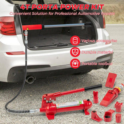 4 Ton Porta Power Hydraulic Jack Kit, 8800 Lbs Capacity Hydraulic Multifunctional Jack with 3.9 ft/1.2 m Oil Hose, Auto Body Frame Repair Kit, Storage Case, for Car Repair, Truck, Garage
