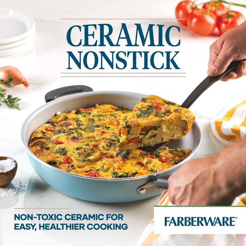Farberware EcoAdvantage Ceramic Nonstick Deep Frying Pan/Skillet with Helper Handle, 12.5 Inch, Aqua
