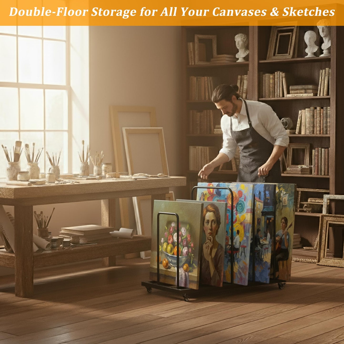 MOOFI Art Storage Rack Storage Organizer for Canvas, Art Drying Rack with Casters and Handle- Paint Drying Rack for Art, Canvas Boards, Frames, Panels, Posters Prints (Moving Handle)
