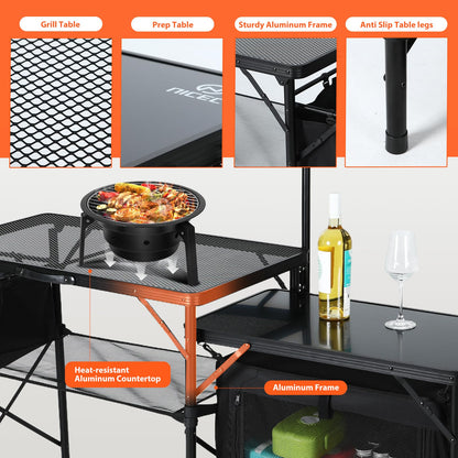 Nice C Camping Kitchen Table, Portable Folding Camp Cook Station, Storage Organizer, with Light Poles, Storage, Side Bag, Side Hooks, for Outdoor, Picnic, Beach, RV Traveling (Black)