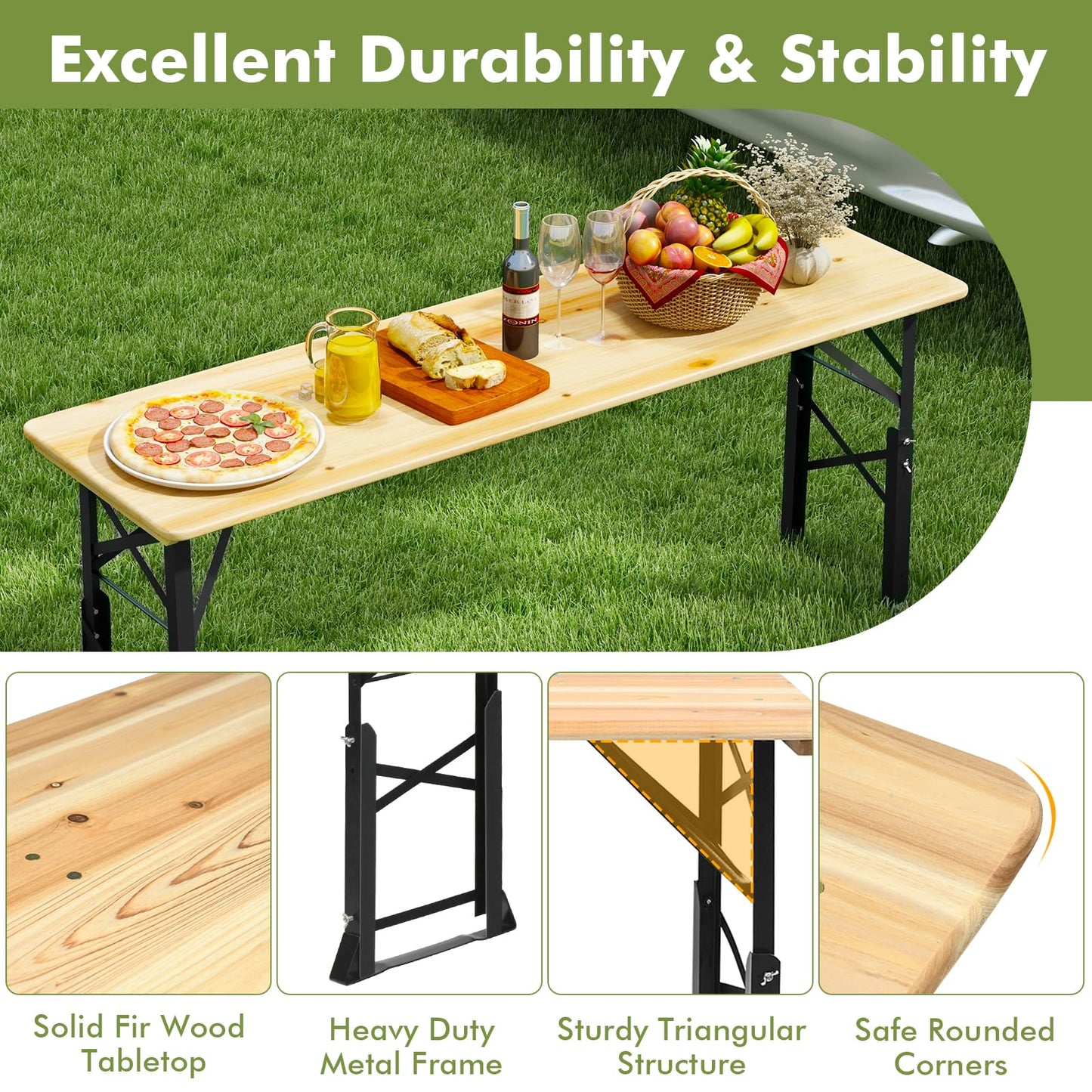 CHEFJOY 5.5FT Folding Picnic Beer Table, Outdoor Camping Table with Umbrella Hole & 2 Adjustable Heights, Heavy Duty Metal Frame & Solid Wood Top, Portable Picnic Table for Patio, Garden, Backyard