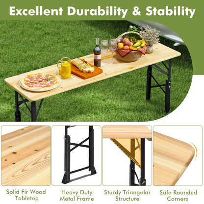 CHEFJOY 5.5FT Folding Picnic Beer Table, Outdoor Camping Table with Umbrella Hole & 2 Adjustable Heights, Heavy Duty Metal Frame & Solid Wood Top, Portable Picnic Table for Patio, Garden, Backyard