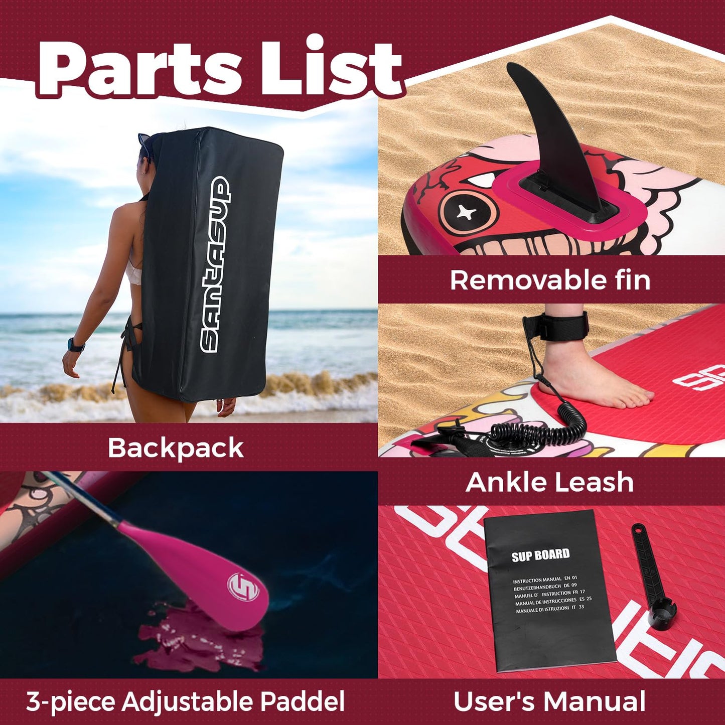Santasup Inflatable Paddle Board Pink Stand Up Paddle for Adults, 10ft Yoga Board, Sup Board with Accessories, Non-Slip Deck, Travel Backpack Wide Stance