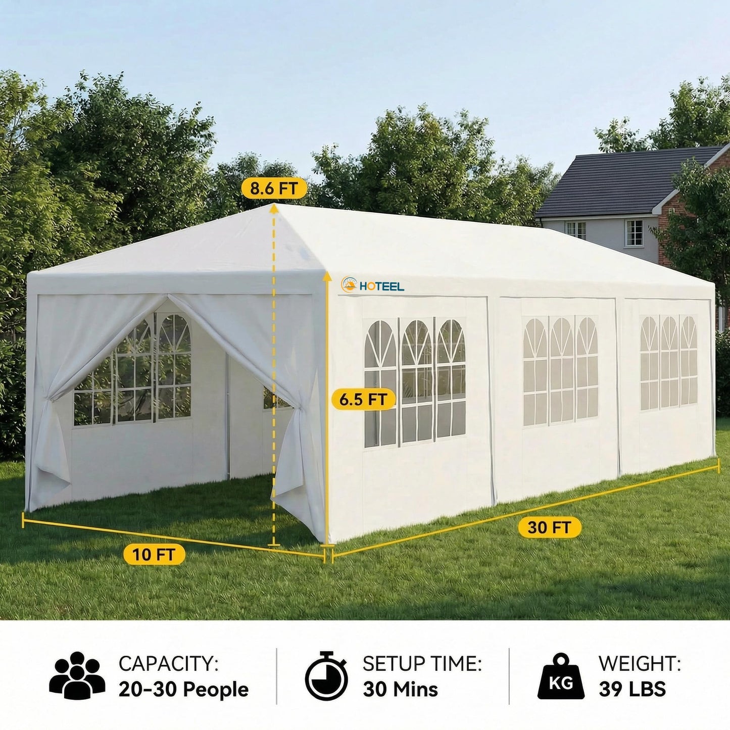 HOTEEL 10x30 FT Party Tent Outdoor Canopy Tents for Parties with 8 Removable Sidewalls, Carpas para Fiestas Waterproof for Gazebo Large Backyard Shelter Patio Wedding Event Tent BBQ White