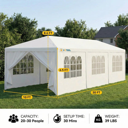 HOTEEL 10x30 FT Party Tent Outdoor Canopy Tents for Parties with 8 Removable Sidewalls, Carpas para Fiestas Waterproof for Gazebo Large Backyard Shelter Patio Wedding Event Tent BBQ White