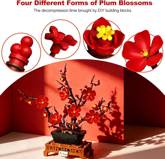 Plum Blossom Building Sets Red Plum Buiding Blocks Artificial Flowers for Table Decor Plants Collection Blocks Kit for Living Room Home Office Christmas &amp Birthday Gifts for Ages 14+ 692PCS