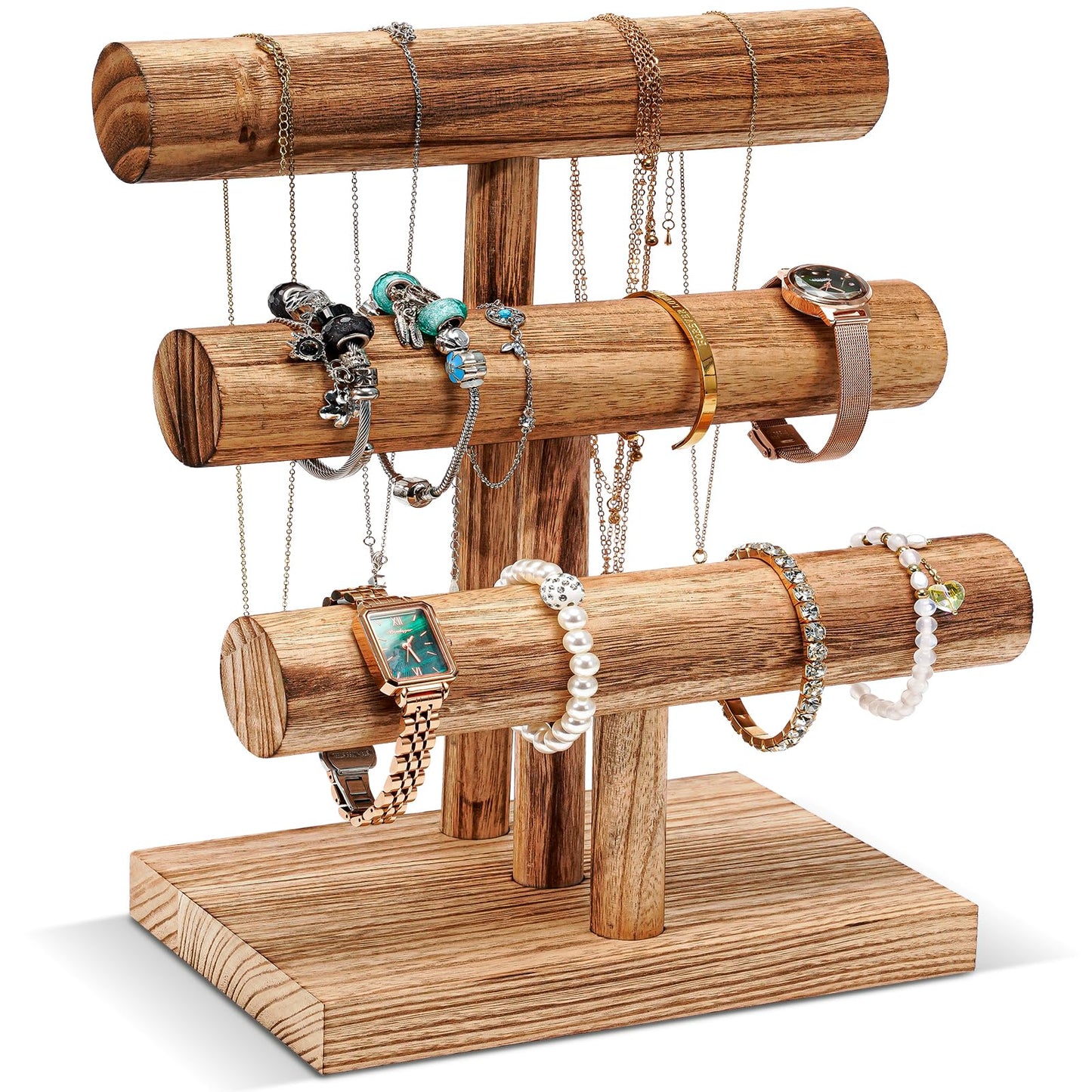 ProCase Bracelet Holder Display Bracelet Organizer, Wooden Bracelet Stand for Selling, T-bar Bangle Storage Rack Wood Watch Display Tower for Business - 3 Tier, Nature