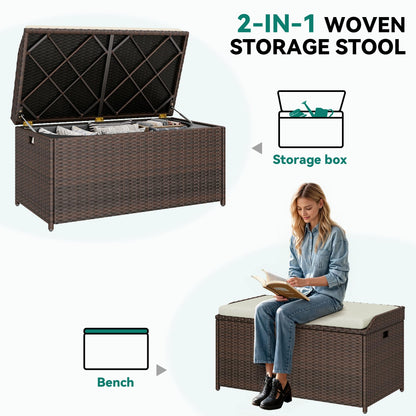 YITAHOME Outdoor Storage Bench, 70 Gallon PE Rattan Patio Storage Bench w/Handles and Soft Cushion,Outdoor Storage Box for Patio, Yard, Lawn, Garden