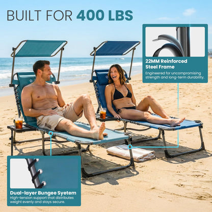 FUNDANGO 400lbs Tanning Chair with Face Hole & Canopy & Side Table, 5 Positions Beach Sunbathing Lounge Chair Facedown Chaise Lounge with Pillow for Pool Outdoor Camping Patio, Set of 2 Cyan
