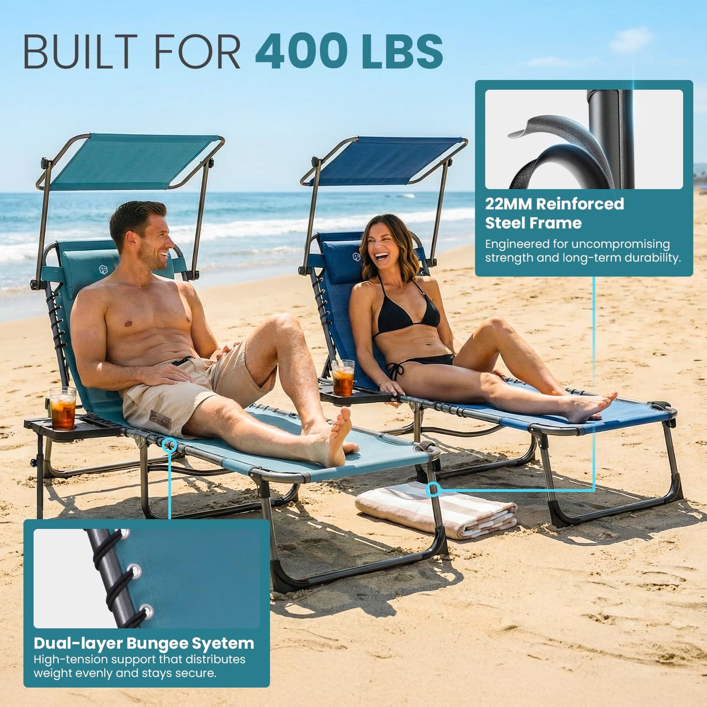 FUNDANGO Heavy Duty Tanning Chair with Face Hole & Canopy, 400lbs Beach Lounge Chair with Side Table, 5-Position Sun Lounger for Outdoor Patio Pool-Face Down Chaise with Anti-Pinch Safety Lock,Cyan