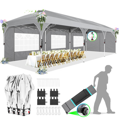 COBIZI 10x30 Party Tent: 10x30 Pop Up Canopy with Wheeled Bag - Tents for Parties with Patented Center-Lock Tech, 420D Waterproof Fabric, Easy Setup Canopy Tent with Removable Sidewalls, (Gray)