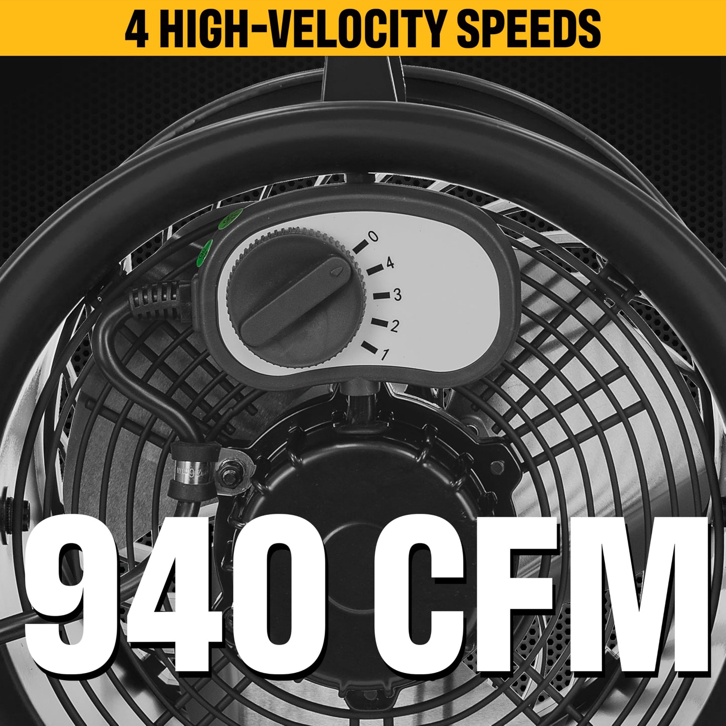 CAT fans - 9”-Blade High-Velocity Drum Fan (Black, 2-in-1): 940 CFM, 4-Speed, 360° Pivoting Head, Dual Ball Bearing Motor with Die-Cast Cover (HVD-9AC-BLK)